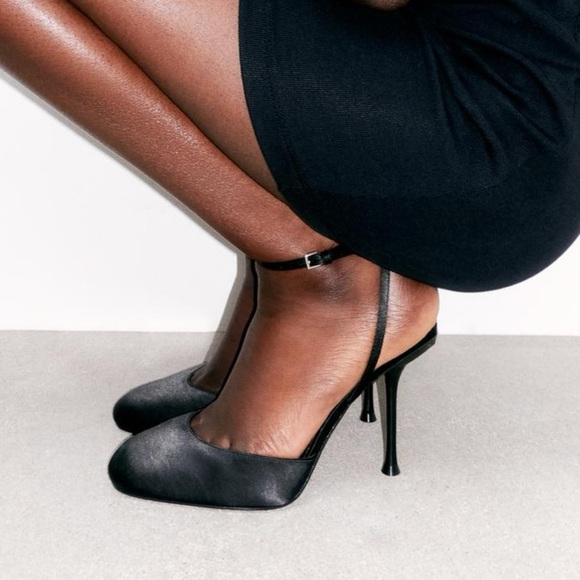 Zara NWT black satin fabric round toe ankle strap side buckle closed toe heels - Picture 7 of 8